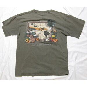 Vtg Y2K Hawaii Hawaiian Islands Map T-Shirt Sz L Green Ukulele Hibiscus (M145)